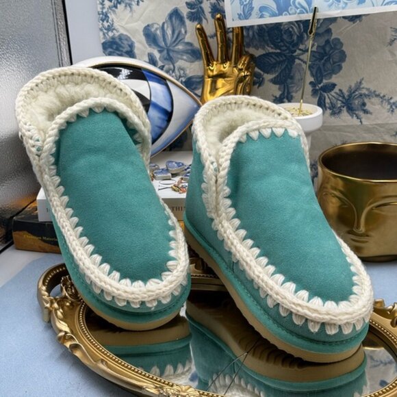 🆕 MOU 🧿 NWT WOB Teal Eskimo Ankle Boot, Cream Crochet Overstitch, Sz EU 35 - Picture 5 of 13